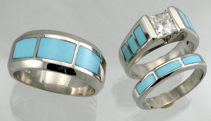 Matching Ladies and Gents three ring wedding set in 14KT white gold with Sleeping Beauty turquoise inlay and diamonds.