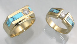 Custom handcrafted 14KT yellow gold wedding rings with turquoise and diamonds from James Hardwick.