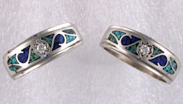 Matching Wedding Bands with diamonds and mocaic inlay. 14KT white gold