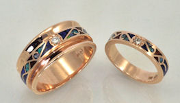 14KT rose gold matching wedding bands with gemstone inlay and diamonds.