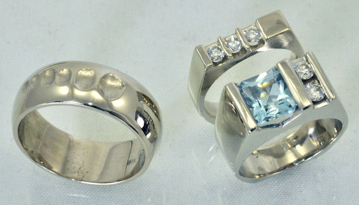White gold diamond and aquamarine wedding set with gents band. Handcrafted by James Hardwick