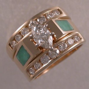 Custom made three-ring wedding set with diamonds and turquoise