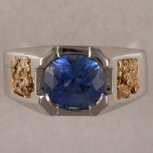 JR197-gents ring in 14KT white gold with gold nuggets & 4.14ct sapphire
