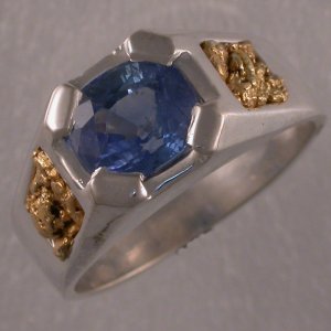 Sterling silver ring with sapphire and natural gold nuggets