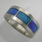 Gents white gold wedding band with opal inlay