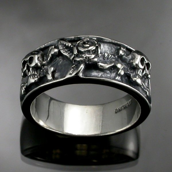 Skull and Roses Ring 55 Antiqued sterling silver band with skulls and 